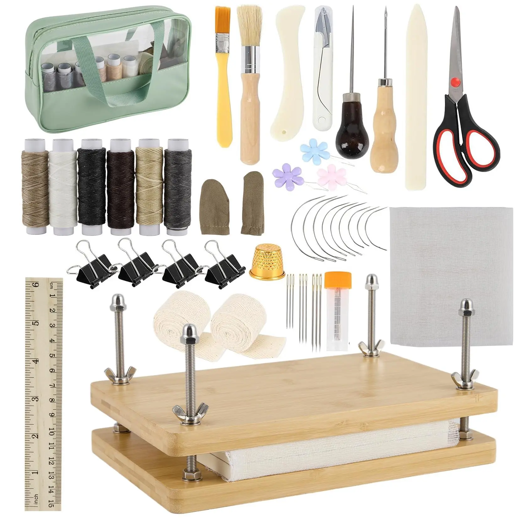 Manual Bookbinding Press Kit with Solid Wooden Base, Stainless Screws - 11.6x7.9in, Includes 50 Pieces for Journals, Scrapbooks