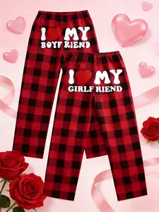 Couple Plaid Heart Print Sleep Pants, Loose Straight Fit, Unisex Matching Design, Casual Home Wear, Valentine's Day Gift