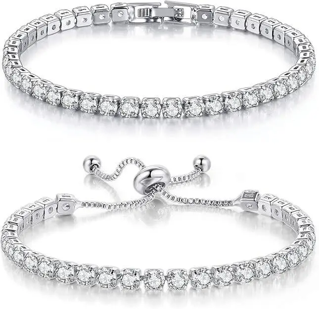 Women's Classic Tennis Bracelet 2-Piece Sets - Hypoallergenic Costume Jewelry with Precision-Cut Synthetic Simulated Coloured Blue Gemstones, Adjustable Slider/Box Clasp for Everyday Wear, Bracelets Stack, Cubic Zirconia