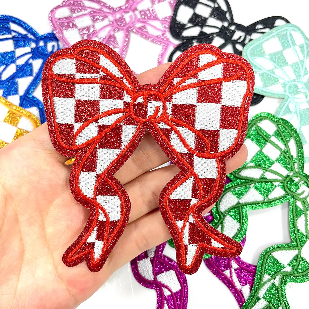 CY 8pcs Glitter Checkerboard Bow Iron On Patches Embroidered Applique for Trucker Hats Clothes Sweatshirt Jackets Bags DIY Decoration,Red