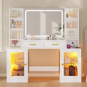 ADORNEVE Makeup Vanity Desk (Makeup Table, LED Vanity Dresser) for Teen Girls - with LED Mirror, RGB Cabinets, 2 Glass-Top Drawers, Power Outlet, Mirrored Dressing Tables Element