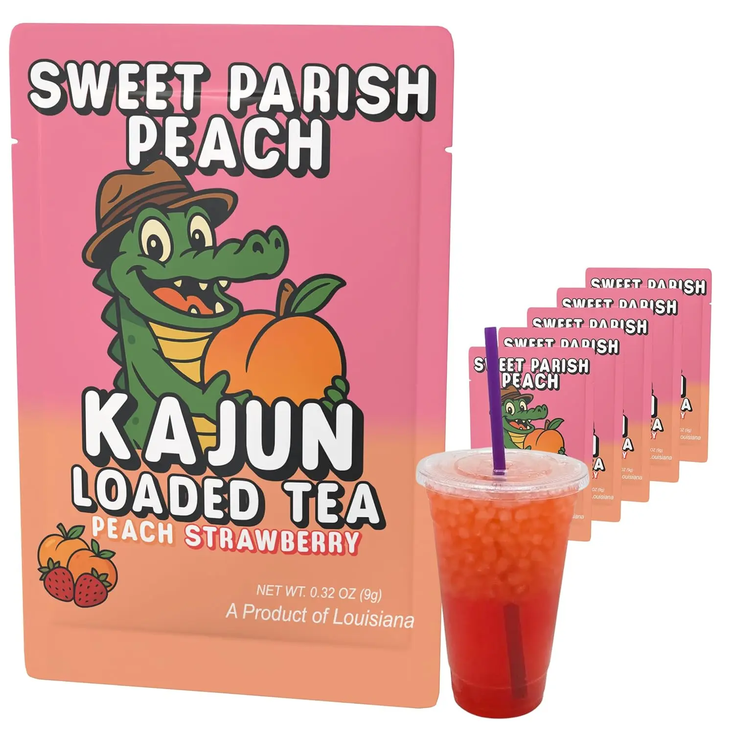 Kajun Loaded Tea Packets Sweet Parish Peach | Peach Strawberry Energy Powder Mix w/ 250mg Green Tea Caffeine | Sugar Free Keto