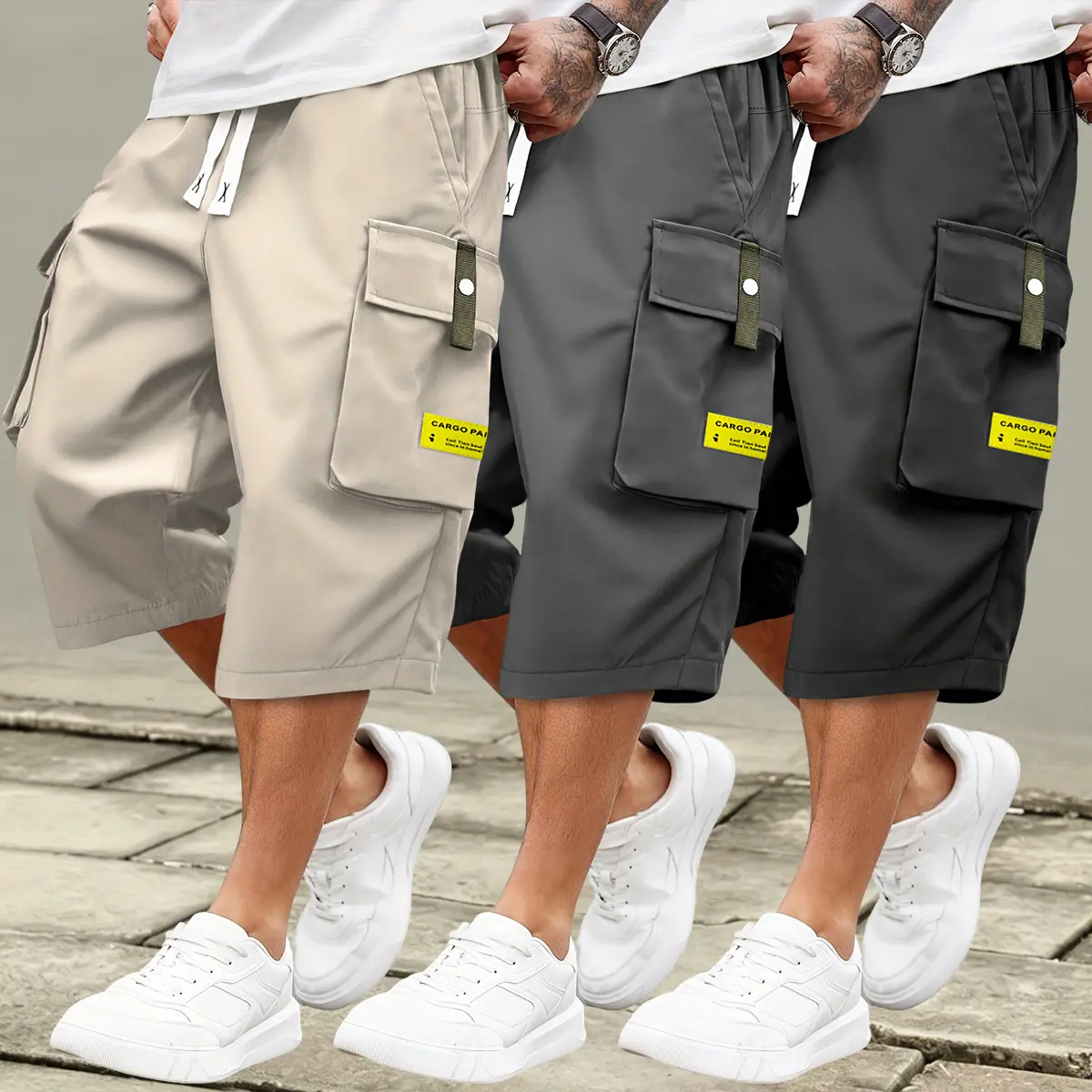 Men's Plain Cargo Capris - Polyester Fitted Cut Pants, 3/4 Length Cargo Trousers with Multipockets, Adjustable Drawstring Waist, Stylish Letter Tag for Casual Sportswear