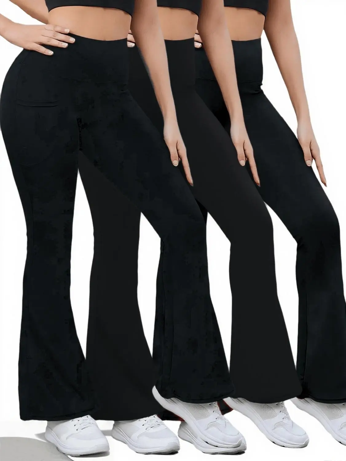 Women's 3-Piece High-Waist Wide-Leg Pants - Elastic Activewear Bottom with Pockets, High Waist Smooths the Midsection, 3-Pieces Simplifies Outfit Choices, Gym to Street Use