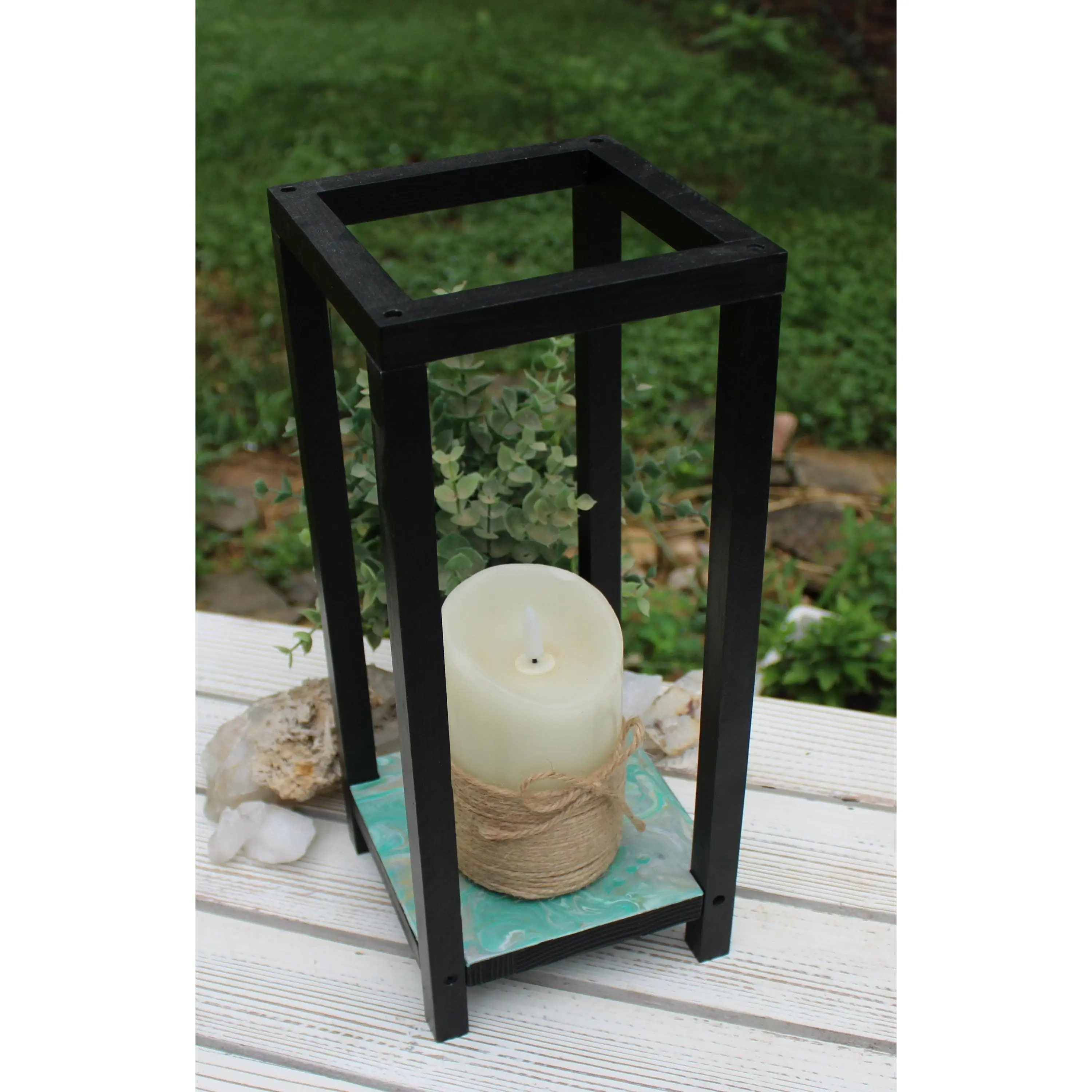 Candle Holder Hand Painted , Lantern Wood with Acrylic Paint 13" x 5" x 5"