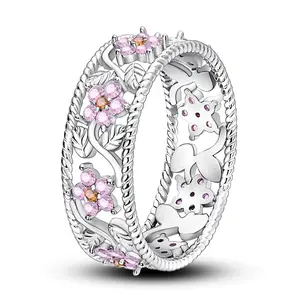 NARMO 925 silver flower ring with pink zircon - delicate blooming begonia design, exquisite floral ring, ideal gift for girls and women