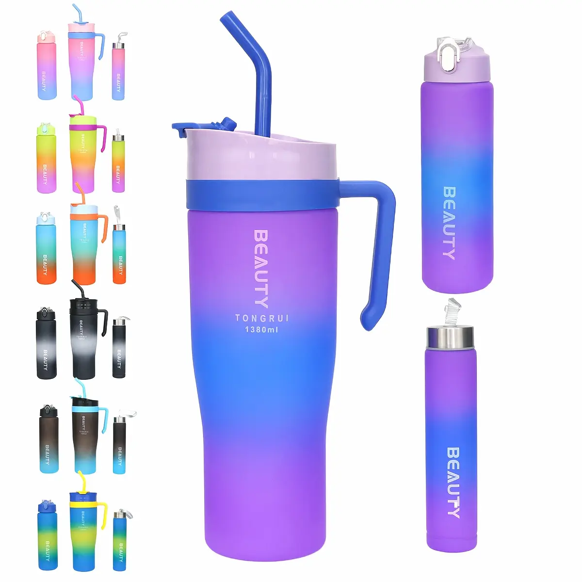 5pcs Set Includes Straw, Spill-proof Lid, and Stickers - 46oz, 27oz, 9oz Portable Sports Bottles, Large-capacity Leak-proof BPA-free Gradient Plastic Water Bottles, Ideal for Gym, Travel, Outdoor, and Car Cup Holders - Perfect Gifts for Valentine'
