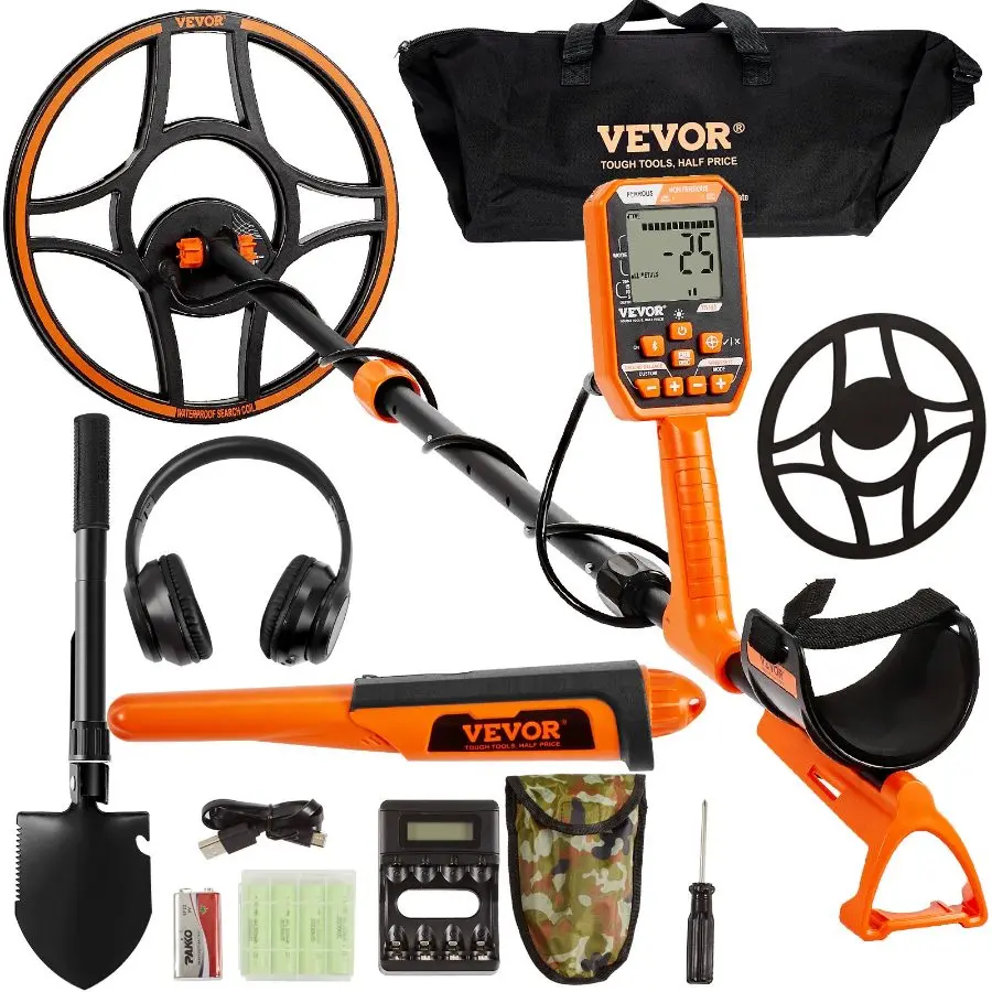 VEVOR Handheld Waterproof Metal Detector, 12-Inch Coil, Professional Gold Prospecting Equipment, 4 Rechargeable Batteries, 39-50 in Adjustable Length, LCD Display, 7 Modes, Advanced DSP Chip, Bluetooth Headset, IP68 for Treasure Hunting, Handheld Metal De