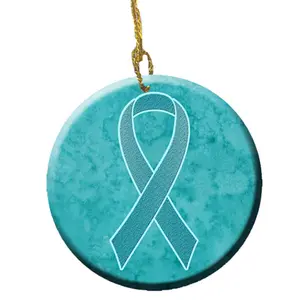 212 MAIN Christmas Round Ceramic Hanging Ornament - Teal Ribbon Ovarian Cancer Awareness Decor, 2.81 in Dia, Gloss Finish, Paint-Friendly Ceramic Body, Home Decor Ornaments for Festive & Home Supplies, Hanging Ornaments