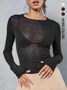 2026 Spring/Summer Women's Sheer Long-Sleeve Top, Sheer Layering Piece, Fashionable, Sexy, Avant-Garde, Minimalist Slim-Fit Knit Transparent Mesh Top, Round Neck, Suitable for Daily Commuting, Four-Season Outings, Dates, Party Tops, Shirts