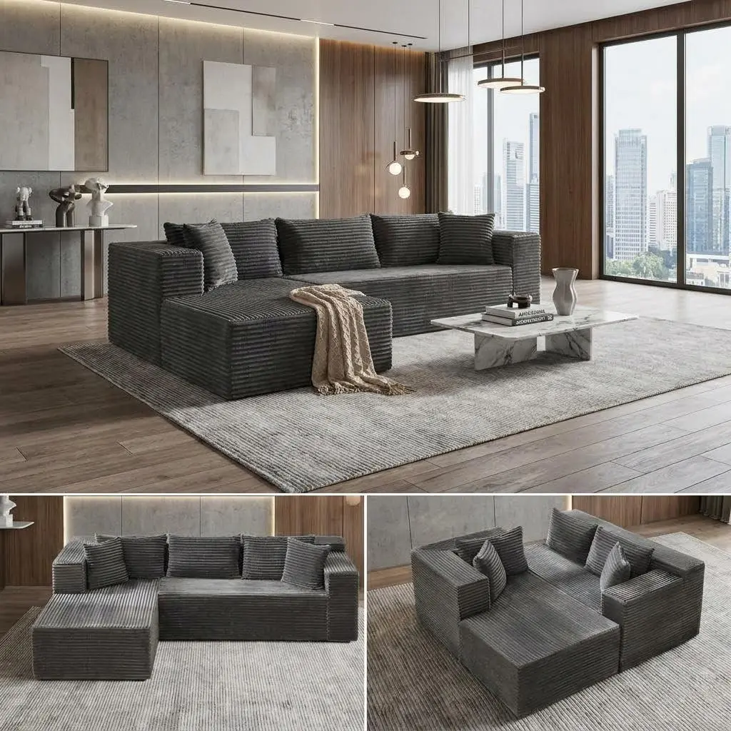 Left Chaise L-Shaped Full Compression Sofa Bed (105.7in) - Oversized Modern Cloud Modular Boneless Couches, 25mm Ultra-Thick Corduroy Fabric, Easy-Convert Boneless Design for Living Room
