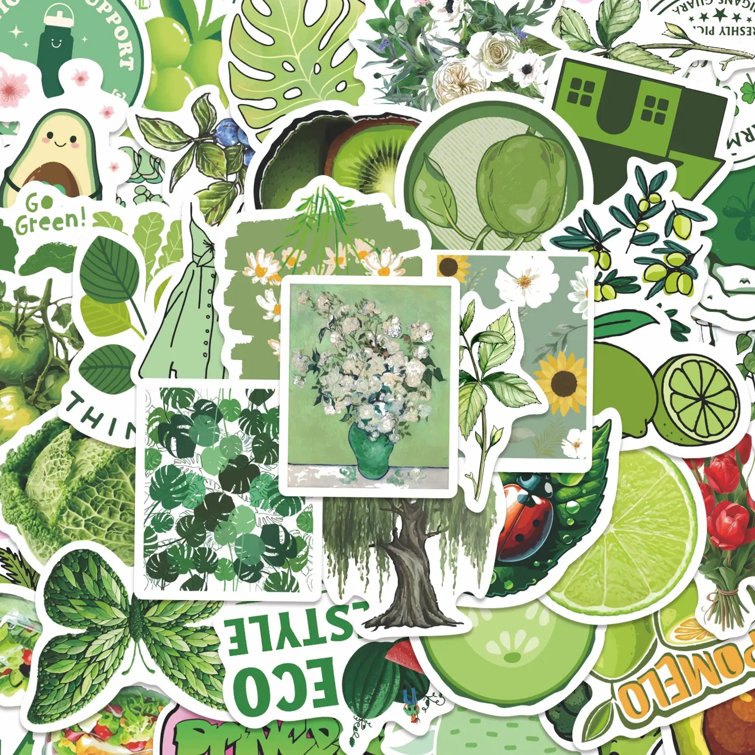 50pcs Fresh Green Plant & Eco Decorative Stickers Pack, Waterproof Botanical & Fruit Decals for Laptop, Water Bottle, Journal & Scrapbook, Nature Lover Gift