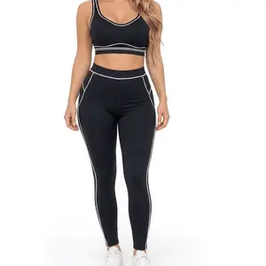 Women's 2-Piece White Piping Trim Sports Bra & Leggings Set, Women's Sportswear for Gym, Fitness