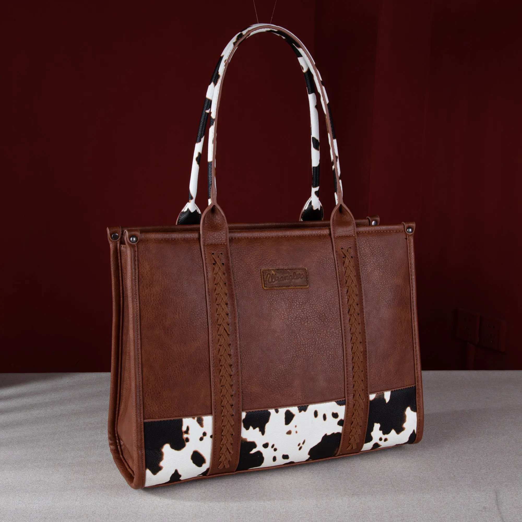 Wrangler Cow Print Tote Bag for Women Western Collection Top Handle Handbags with Whipstitch Details & Zippered Pockets Trendy Commuter Bag
