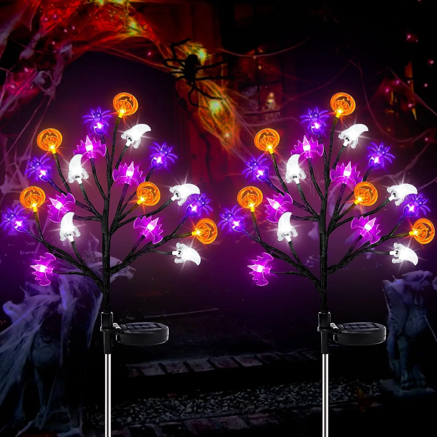 2-Pack Solar Halloween Pathway Lights, Waterproof Outdoor Decor with 20 LED Pumpkin Lights, 8 Lighting Modes for Yard & Garden Halloween Gift Set
