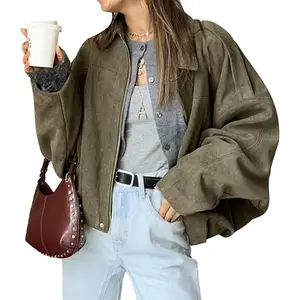 SCUSTY Women's Faux Suede Bomber Jacket Oversized Streetwear Y2K Lapel Long Sleeves Motorcycle Coat