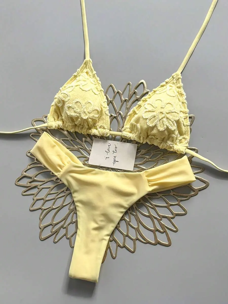 Summer Beach Women 2 Pieces Special Textured Fabric Triangle Tie Top & Ruched Bikini Bottoms Swimsuit Set