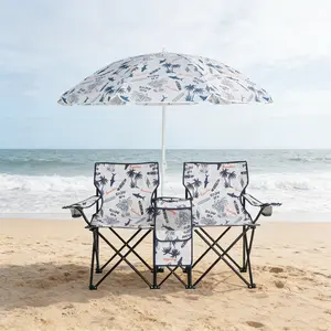 2-Seat Portable Folding Chair with Removable Umbrella, UV Protection Oxford Steel Outdoor Chair for Fishing, Sunbathing, Beach Activities, Lightweight Foldable Chair with Carry Bag for Patio Garden Camping