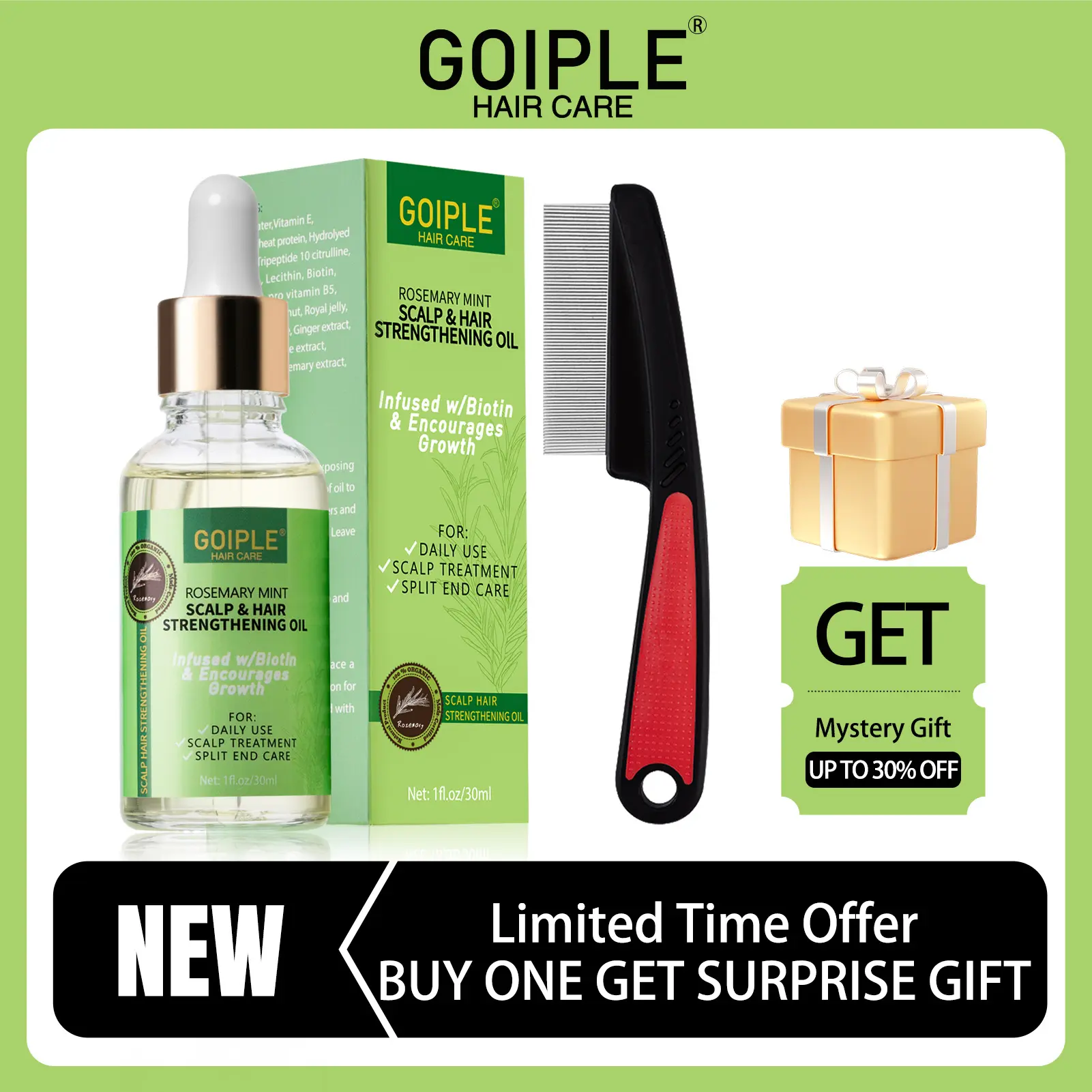 Rosemary Oil for Hair Growth & Dandruff Comb - Stainless Steel Fine Tooth Comb for Split Ends, Dry Scalp & All Hair Types  Flakes Boost Shine