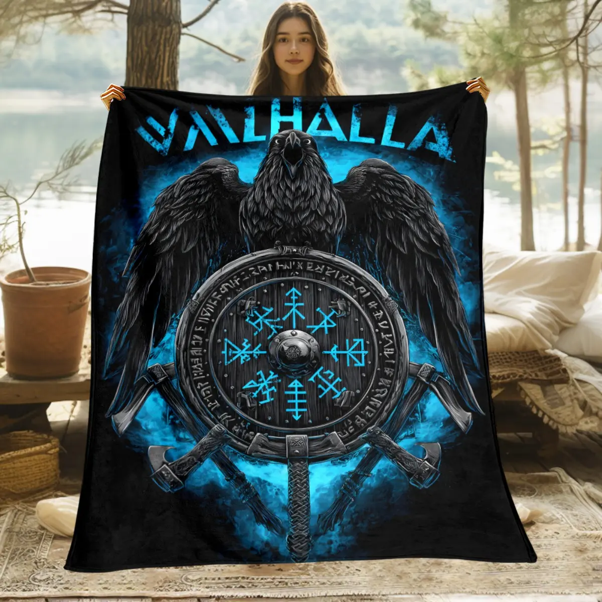 Viking Norse Raven Valhalla Glam Flannel Throw Blanket - Dark Blue & Black Rune Design - Lightweight All-Seasons Bed Warmer for Sofa - Norse Mythology Decor - Soft Bedspread - Gift for History Enthusiasts