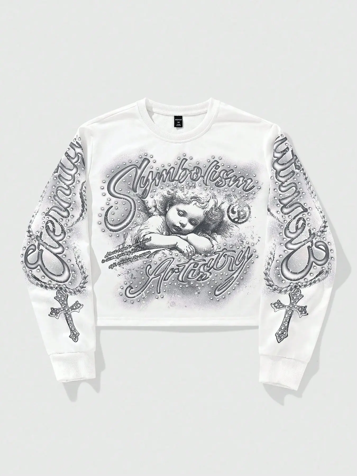 [1PC] Men's Cyber Y2K Angel Graphic Baggy Long Sleeve Sweatshirt Grunge Punk Aesthetic Casual Pullover with Cross Sleeve Print Streetwear White Top for Men