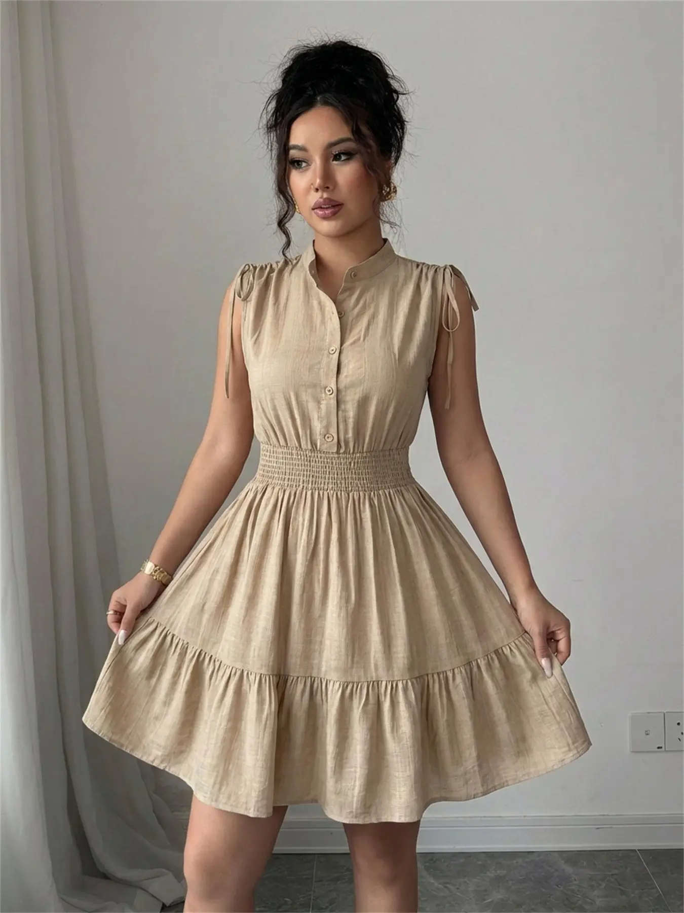 Summer Solid Color Stand Collar Sleeveless Tie Button Waistcoat Beach Wear Dress, Casual Summer Dress for Women, Comfortable and Stylish, Casual Dress Style