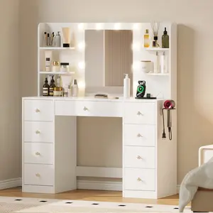 [Summervibes] Must-Have Vanity Desk with Mirror Lights | 9 Drawers, 6 Shelves & Power Outlet - 3 Color Modes 10 LED Bulbs Dressing Table, Perfect Gift for Daughter, Wife & Mom