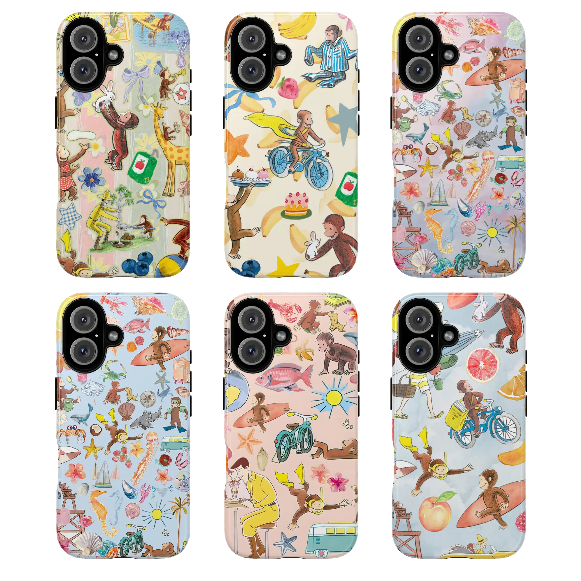 Playful beach-themed design with colorful illustrations of CCurious Georgeee phone case , sea creatures, flowers, and summer icons, gift, monkey, cover, tough phone case