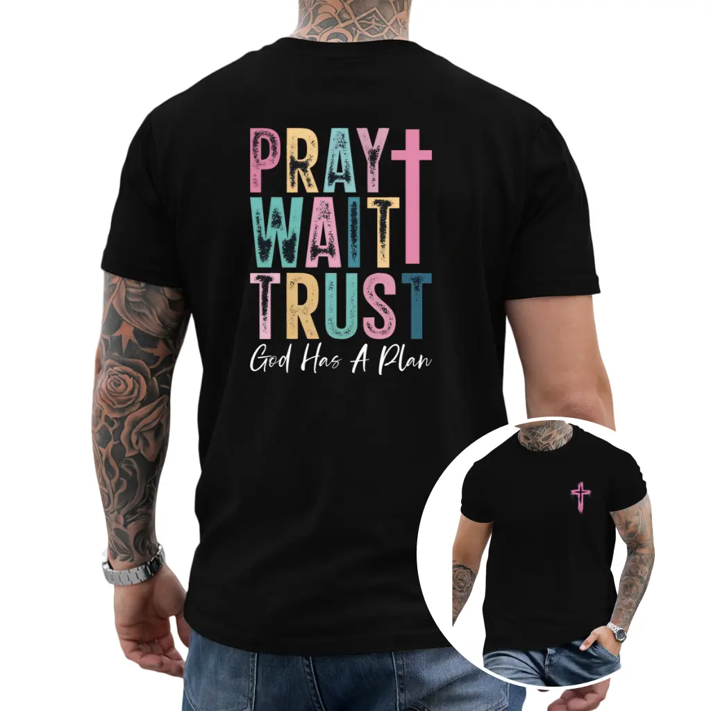Pray Wait Trust Graphic T-Shirt for Men, Casual Short Sleeve in Soft Smooth Cotton with Seamless Fit, Lightweight Faith Gift