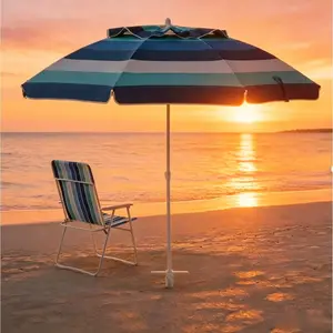 6ft Heavy Duty Blue Striped Beach Umbrella, UV resistant and windproof design, lightweight and portable.Ideal sun shelter perfect for camping, poolside and various outdoor scenes.