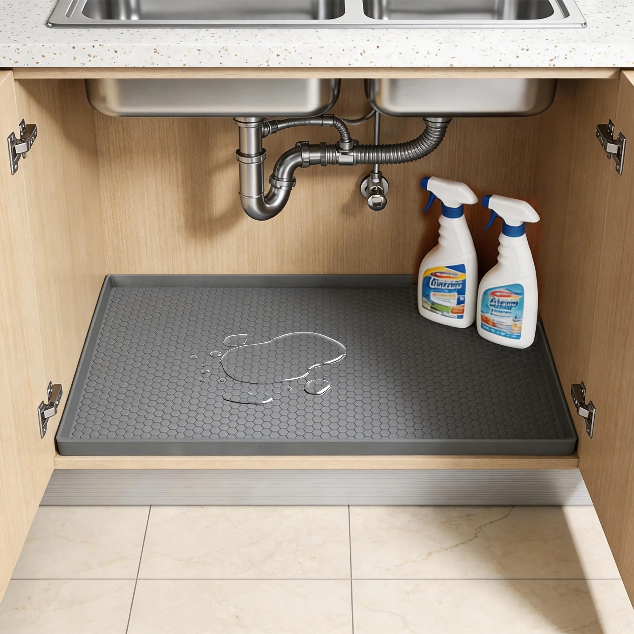 Gray Waterproof Silicone Under Sink Mat (34in x 22in) - Non-Slip Kitchen Cabinet Liner, Protector for Bathroom & Laundry, Protective, 34X22 In