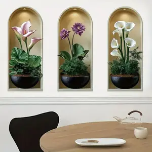 3-piece set, Nordic green plant themed simulated arched window flower basin wall sticker, self-adhesive removable decorative sticker, suitable for wall decoration in living rooms, dining rooms, and study rooms, Decorative Decal, Home Decor