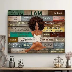 A Framed Canvas Wall Art Print, Wooden Wall Art - African American Woman Silhouette with Positive Affirmations, Vibrant Colors, Inspirational Poster, Suitable for Home Decoration - Ready-to-Hang Self-Love Gift, Modern Country Inspir