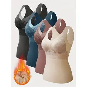 Women’s Lace Back Thickened Warm Vest Set, 4-Piece Autumn/Winter Casual Basic Fitted Undershirts, Comfortable Thermal Lingerie, Undershirt Sets