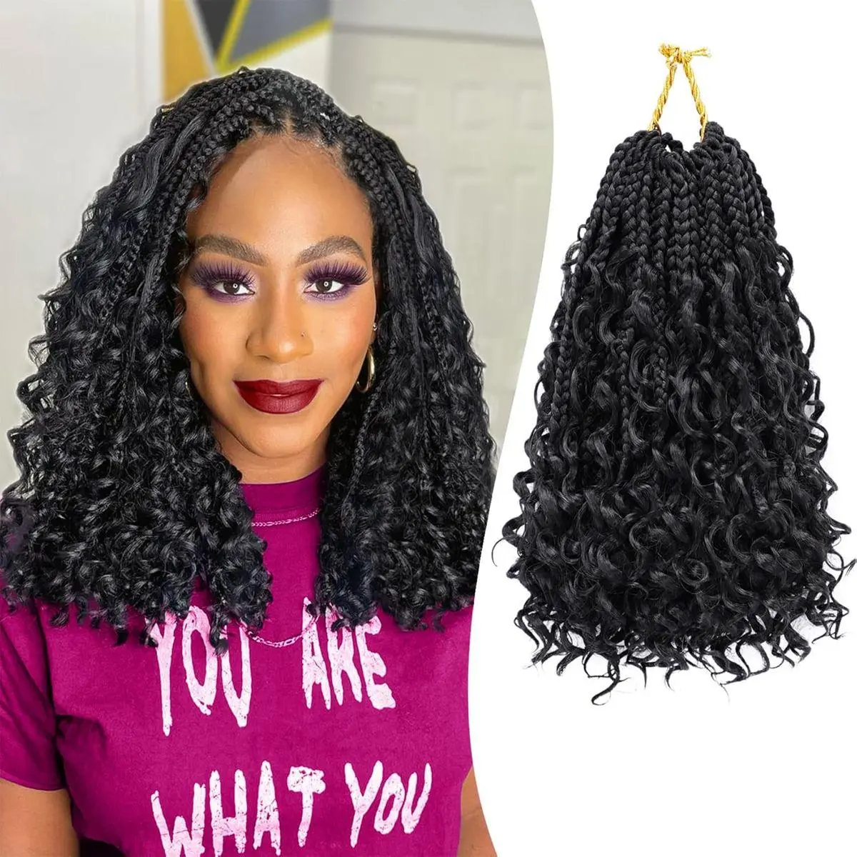 Goddess Box Braids Crochet Hair 10 Inch 8 Packs Pre-looped Bohemian Crochet Boho Box Braids With Curly Ends Synthetic Hair Extensions 3X Crochet Braids Hair for Women (10 inch, #1B)