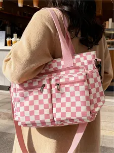 Large capacity corduroy checkered tote bag, Stylish tote bag, casual and versatile shoulder bag, commuter handbag, crossbody bag, Colorblock Bag. Zipper closure. Suitable for campus, shopping, commuting, casual outings, work, and everyday accessories.