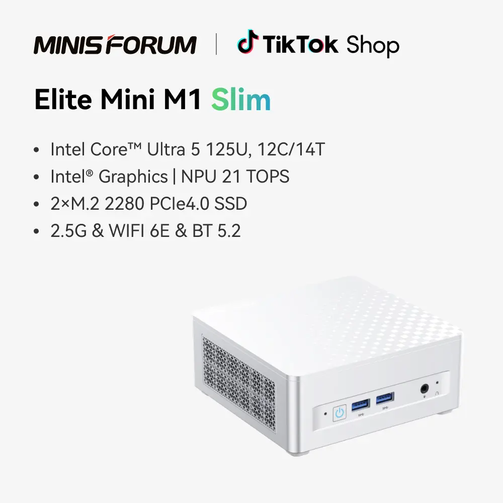 MINISFORUM M1 Lite Mini Desktop Computer, Intel Core Ultra 5-125U (12C/14T) Processor, 16GB DDR5 (5600MHz) RAM, 512GB SSD, Integrated Intel Graphics, HDMI/DP/USB4 Outputs, 2.5G Ethernet LAN, WiFi6e, 2X PCIe4.0 SSD Slots, Office & BackToSchool Micro PC, Hd