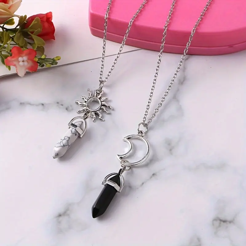 Sun and Moon Necklace Set, 2-Piece Vintage Magnetic Marble Pendants for Couples, Meaningful Unisex Valentine's Day Gift, Magnetic Feature, Girlfriends, Two Piece Set, Valentine Gifts
