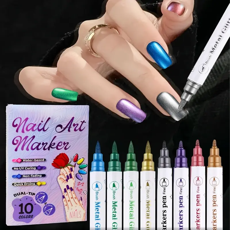 10-Color Dual-Tip 3D Nail Art Manicure Markers Set | Metallic Shades, Graffiti & Detailing Pens, Quick-Dry, Non-Trace, Washable | Perfect Valentine’s & Birthday Gift