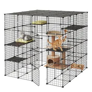 【DealsForYouDays】VEVOR Cat Cage 4-Tier 55"x55"x55" Large DIY Cat Playpen Indoor Enclosure, Detachable Metal Wire Kennel Crate with 3 Doors & Locks, Exercise Place Ideal for 2-3 Cats, Kittens and Small Animals, Black