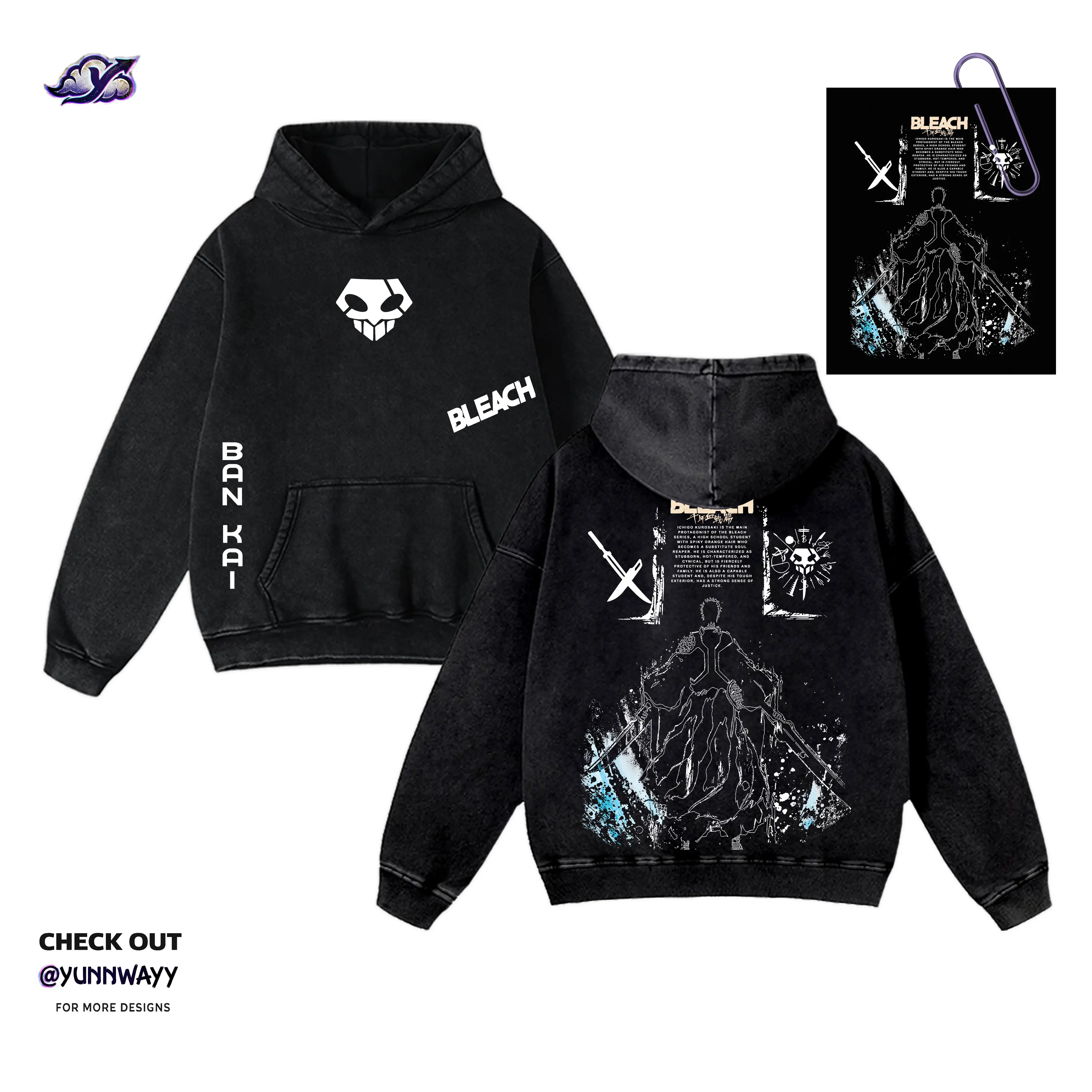 Bleach Ichigo Bankai Anime black fits Hoodie Double Printed Y2K Graphic Tee, Vintage Heavyweight Cotton Unisex Manga Streetwear T-shirt, Gift for Anime clothing