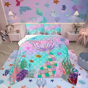 Feelyou Girls' Microfiber Bedding Set - Breathable Soft Blanket, Ocean Fish Scales Quilt, Rainbow Coastal Nautical Duvet Insert, Teal Pastel Pink Sea Animal Design