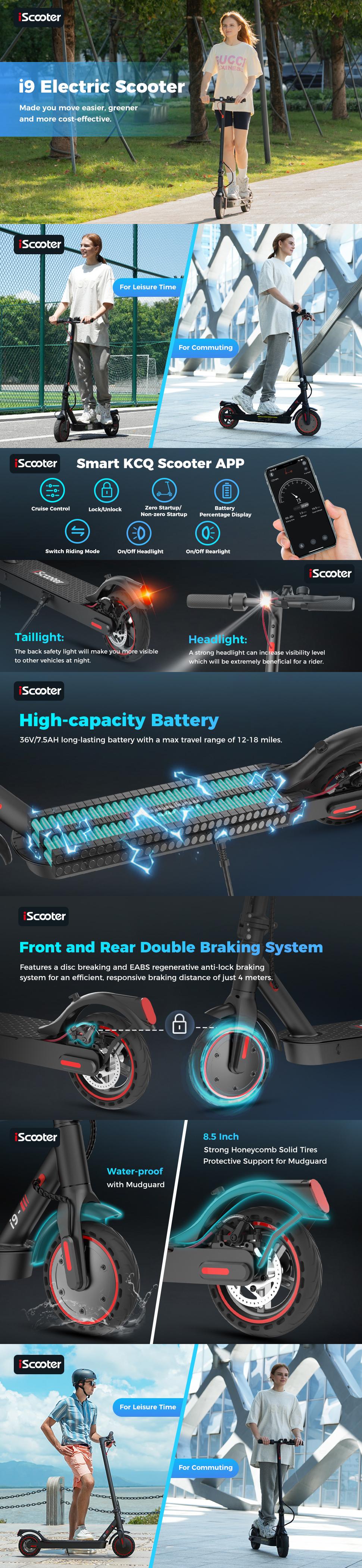 【Spring Sale】iScooter i9 Electric Scooter, 18Miles Range, 19MPH Top Speed, 350W Foldable Commuting with Double Braking Systems and APP for Adults and Teens