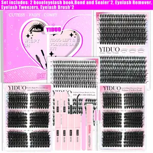 YIDUO 2 Box Eyelash Book Kit 2 Pcs Bond and Seal Included, 820 Pcs Eyelash Extension Kit, 30D+40D+50D+60D+80D Volume Lash Clusters, Mix Style D Curvature Soft Individual False Eyelashes, Eyelashes Extensions With Remover & Tweezers, Perfect for Beginners