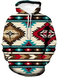 Long-sleeved Casual hooded sweater with Aztec 3D print