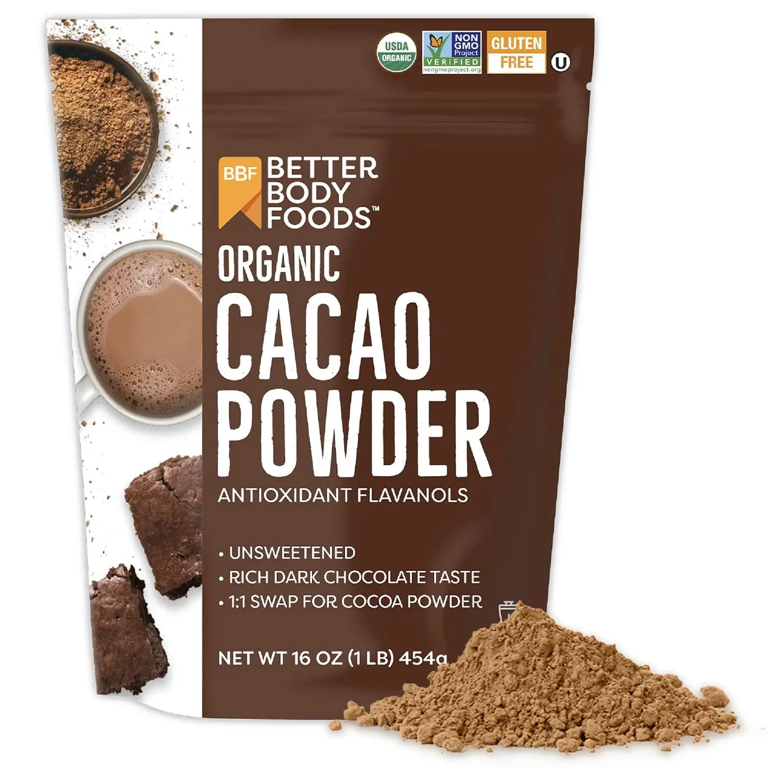 BetterBody Foods Organic Cacao Powder - Rich Chocolate Flavor, Non-GMO, Gluten-Free, 16 oz (1 lb) Bag