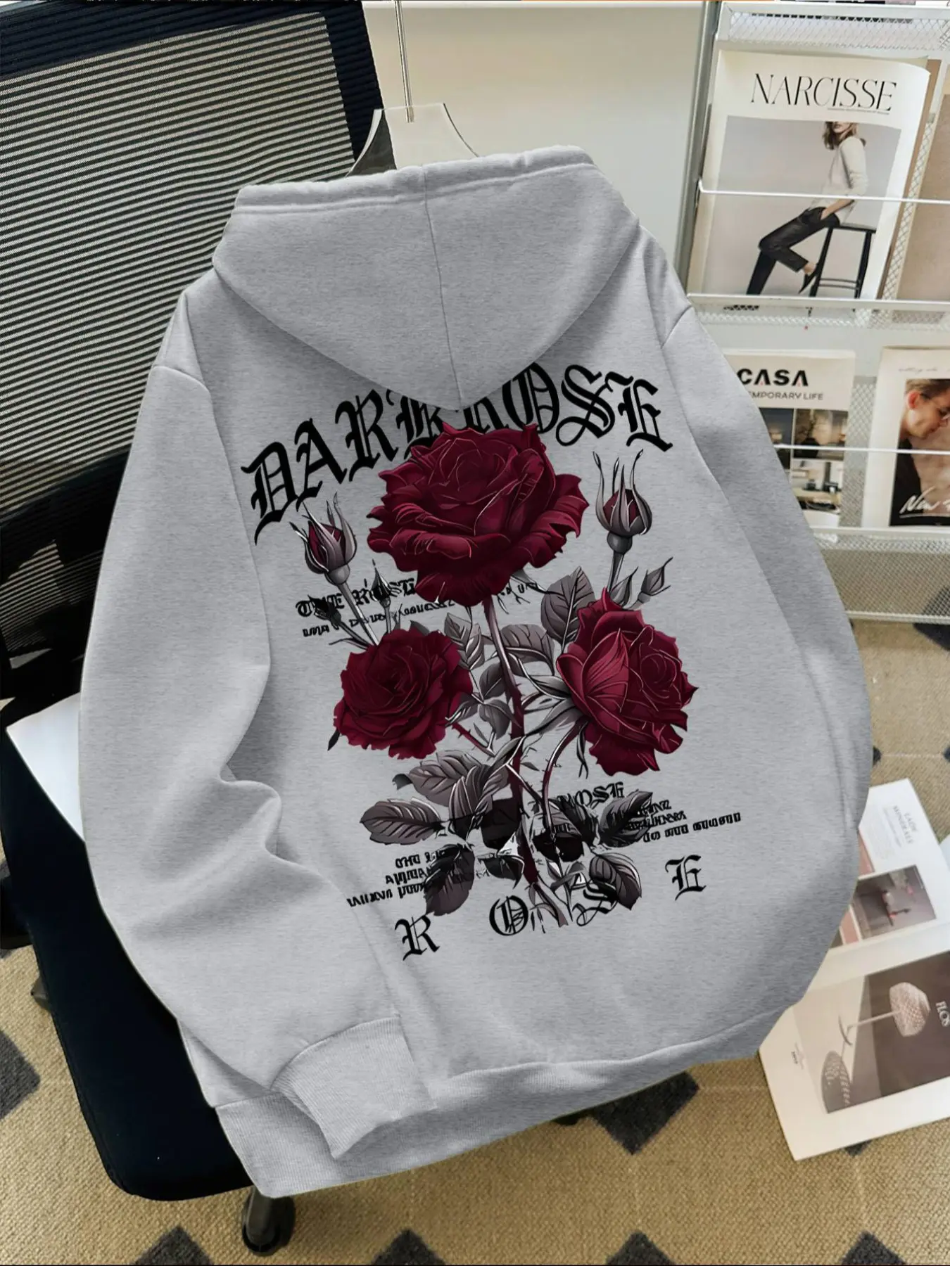 Men's Casual Loose Hooded Sweatshirt with Letter Rose Flower Print, Fitted Long Sleeve Pullover for Fall & Winter