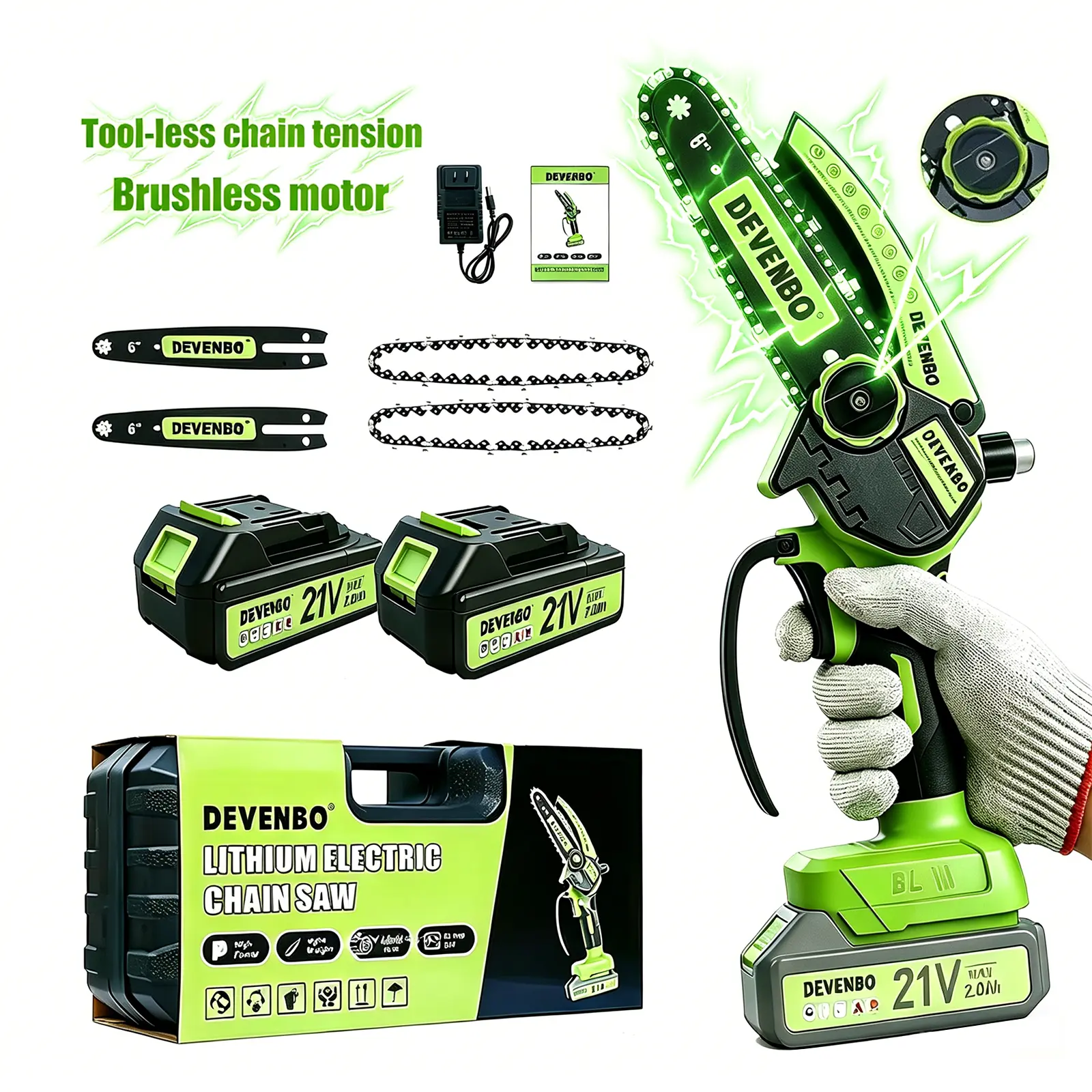DEVENBO 6-Inch Mini Chainsaw -2000mAh Long-Lasting Battery Power , Upgraded Pure Copper Motor, One-Handed Electric Saw for Men & Women, Portable Wood Cutting Garden Tool Gifts