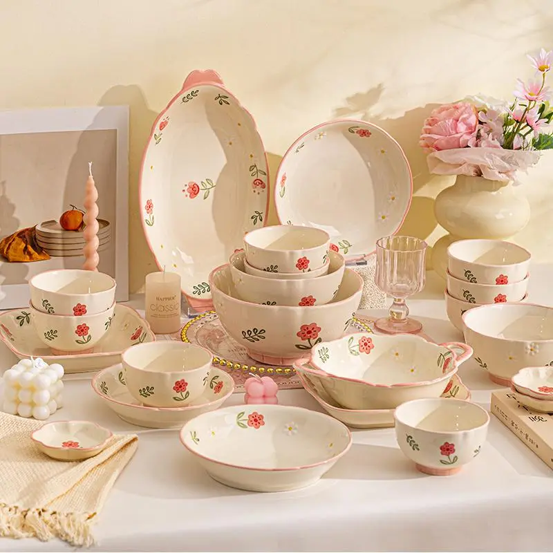 8/12/16 piece set of ceramic tableware, Ceramic dinnerware set, Dinnerware service set, cream style, can hold vegetables, fruits, salads, suitable for home use, restaurants, parties