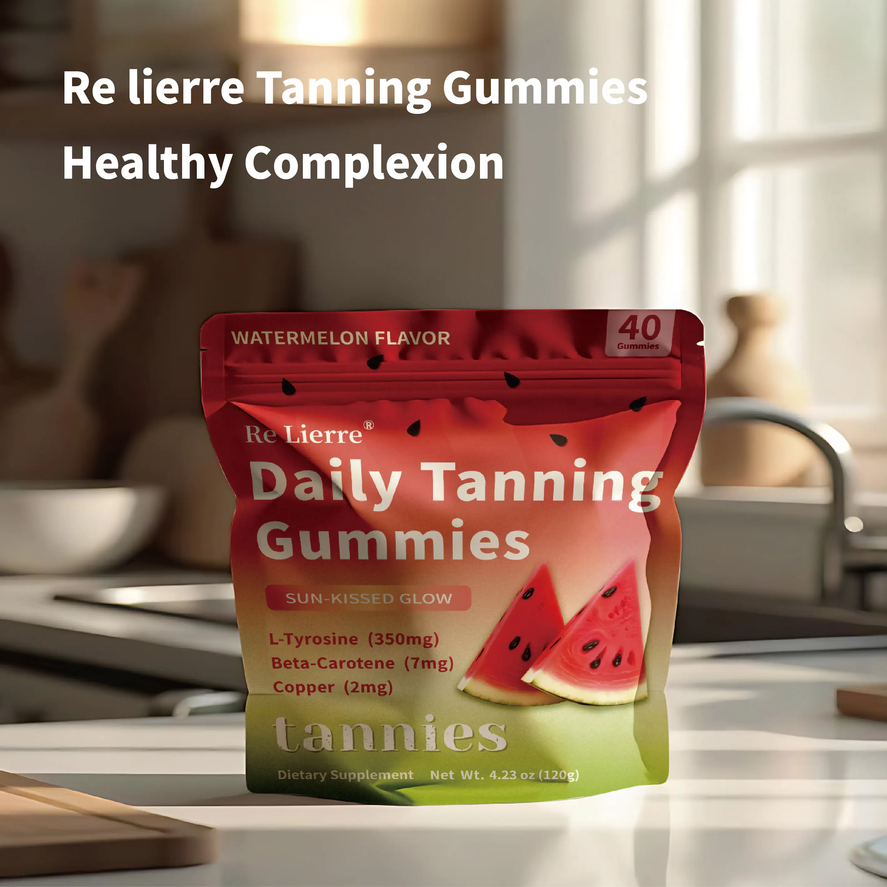 RE LIERRE Chewable Tanning Gummies - 60 Count Watermelon Flavor Vegan Dietary Supplement for Adults, with Astaxanthin, Lycopene, Beta Carotene, Vitamins, Antioxidants, Skin Care, Healthy Complexion & Body Health Support (Non-GMO)